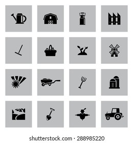 Vector black farming icons set on grey background