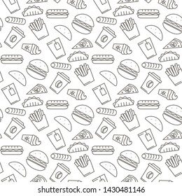 Vector black fast food icons seamless pattern ,sign,symbol,pictogram in outline style isolated on a white background.Drink,ice cream,gamburger,hot dog,pita,tea,cup,pizza,fries thin line