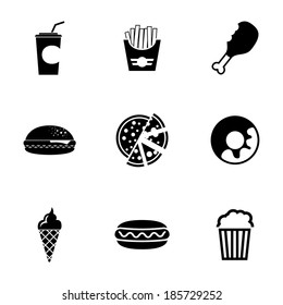 Vector black fast food icons set on white background