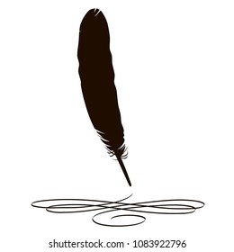 Vector black feather with a calligraphic ink stroke on a white background