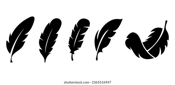 Vector Black Feather Icons. Quill Silhouette collection.