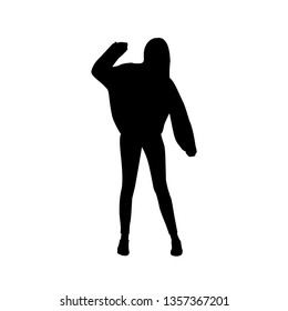 Vector black female silhouette of young teenage girl hipster dancing and posing in sweetshirt isolated on white background.