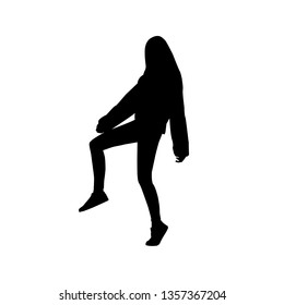 Vector black female silhouette of young teenage girl hipster dancing and posing in sweetshirt isolated on white background.