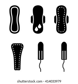 Vector Black Feminine Hygiene Products Icons Set On White Baackground. Sanitary Towel Sketch