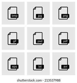 Vector black file format icons set on grey background