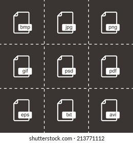 Vector black file format icons set on black background