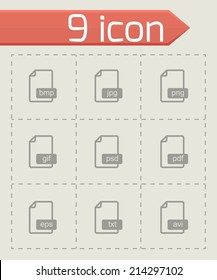 Vector black file format icons set on grey background