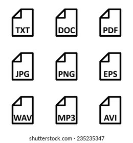 Vector black file type icon set on white background