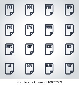 Vector black file type icon set. 