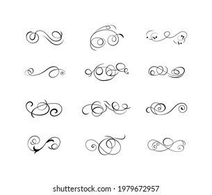 Vector black filigree swirls set isolated on white background, lines, flourish frames, filigree elements.
