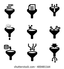 Vector black filter data icon set. Funnel sign. Data tunnel, analysis concept.