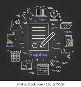 Vector black finance and banking concept - signing a contract
