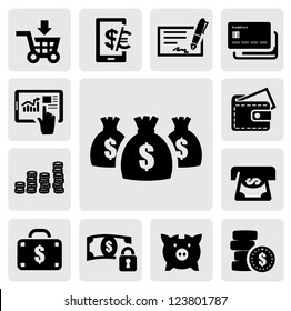 vector black finance icons set on gray