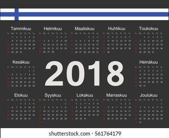 Vector black Finnish circle calendar 2018. Week starts from Sunday.