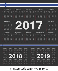 Vector black Finnish circle calendars 2017, 2018, 2019. Week starts from Sunday.