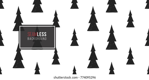 Vector black fir tree seamless pattern. Merry Christmas and happy new year greeting card backdrop design. Retro hand drawn flat art on white background.