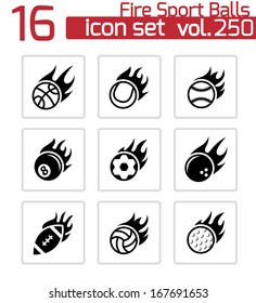 Vector black fire sport balls icons set on white background