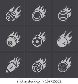 Vector black fire sport balls icons set on gray background