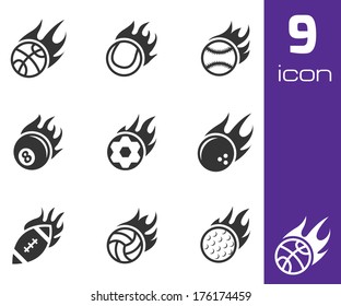Vector black fire sport balls icons set on white background