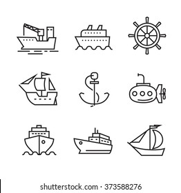 vector black flat boat and ship icons on white
