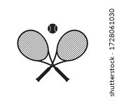 Vector black flat cartoon crossed tennis racket and ball isolated on white background