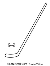 Vector black flat cartoon outline hockey stick and puck icon isolated on white background