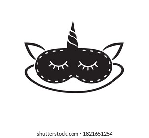 Vector black flat cartoon unicorn sleeping mask isolated on white background
