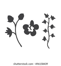 Vector black flat icon set. Sakura flower, vine and button silhouette. Flat black flowers icons for polygraphy, web design, logo, app, UI.