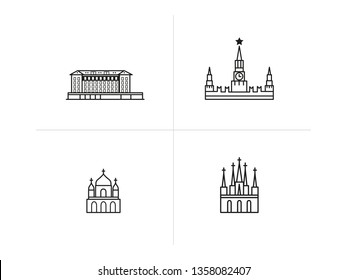 Vector black flat icons of buildings of different architectural styles, classics, Empire, kremlin, temple, church, cathedral