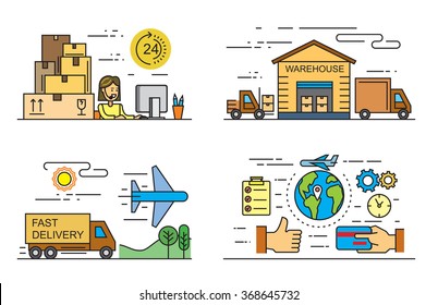vector black flat logistics and delivery icons on white