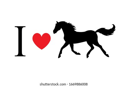 Vector black flat i love horse silhouette illustration print isolated on white background