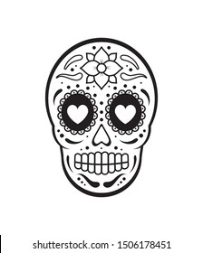 Vector black flat outline Day of The Dead Skull with floral ornament. Mexican sugar skull icon
