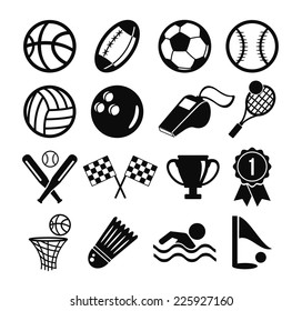 Vector black flat vector set of sports inventory icons. Modern trendy sport black pictograms, sings, abstract symbols, creative graphic design elements. Isolated on white background.