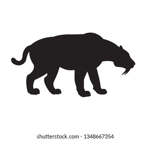 Vector black flat silhouette of saber-toothed tiger isolated on white background 