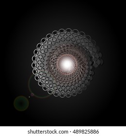 Vector black floral background. pattern shell.fractal spiral with light effects . EPS10