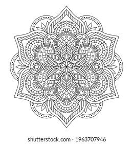 Vector black flower mandala. Line round vintage pattern for design isolated on white background. For coloring book, pillow, bed linen, utensils, stand for mugs, engraving