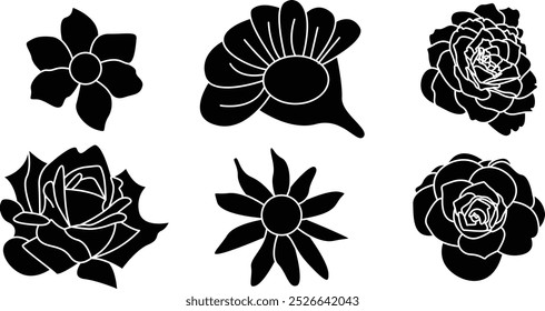 Vector black Flower silhouettes and icon set for t-shirt and logo design. Contains rose, sunflower, wildflower, betty flower and etc. 