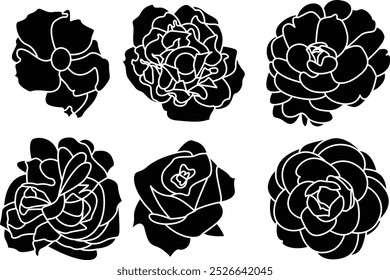 Vector black Flower silhouettes and icon set for t-shirt and logo design. Contains rose, sunflower, wildflower, betty flower and etc. 