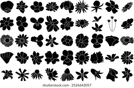 Vector black Flower silhouettes and icon set for t-shirt and logo design. Contains rose, sunflower, wildflower, betty flower and etc. 