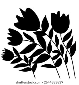 Buquê de flores preto vetor, flores de tulipas de silhueta botânica, desenho monocromático minimalista da botânica da flor, Esboço desenhado à mão da flor com licença.