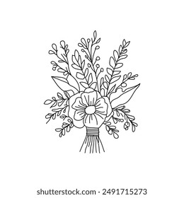 Vector black flowers bouquet icon, illustration thin line image ,botanical lines art flower, Minimalist contour drawing of flower bouquet.