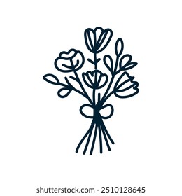 Vector black flowers bouquet icon, botanical lines art flower, Minimalist contour drawing of flower. line drawing of flower botany.Hand drawn sketch of flower with leaves.