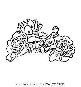 Vector black flowers bouquet icon, botanical lines art flower, Minimalist contour drawing of flower.