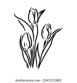 Vector black flowers bouquet icon, botanical lines art flower, Minimalist contour drawing of flower.