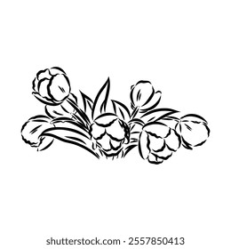 Vector black flowers bouquet icon, botanical lines art flower, Minimalist contour drawing of flower.