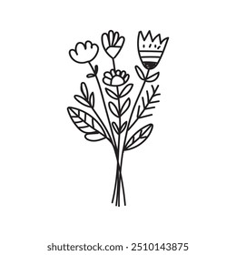 Vector black flowers bouquet, illustration outlinne  image ,botanical lines art flower, Minimalist contour drawing of flower. line drawing of flower botany.Hand drawn sketch of flower with leaves.