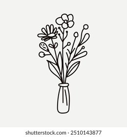 Vektor schwarze Blumen Strauß, Illustration Umrissbild, botanische Linien Kunstblume, Minimalistische Kontur Zeichnung der Blume. Strichzeichnung der Blumenbotanik.Handgezeichnete Skizze der Blume mit Blättern.