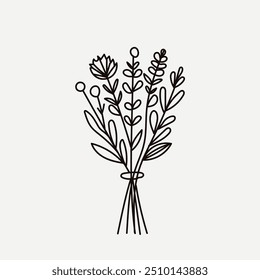 Vector black flowers bouquet, illustration outlinne  image ,botanical lines art flower, Minimalist contour drawing of flower. line drawing of flower botany.Hand drawn sketch of flower with leaves.