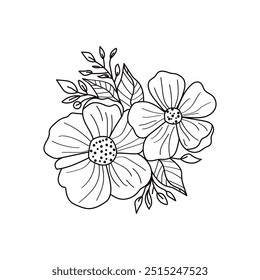 Buquê de flores preto vetor, imagem de contorno de ilustração, linhas botânicas arte flor, desenho de contorno minimalista da flor. desenho de linha de botânica da flor.Desenho desenhado à mão da flor com folhas.