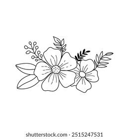 Buquê de flores preto vetor, imagem de contorno de ilustração, linhas botânicas arte flor, desenho de contorno minimalista da flor. desenho de linha de botânica da flor.Desenho desenhado à mão da flor com folhas.